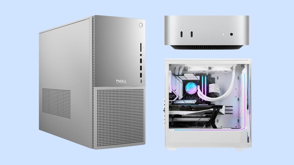 Three desktop computers against a light blue background.