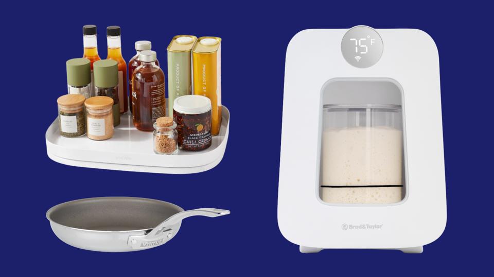 Kitchen organizer, Viking titanium pan and Sourdough Home Plus on blue background