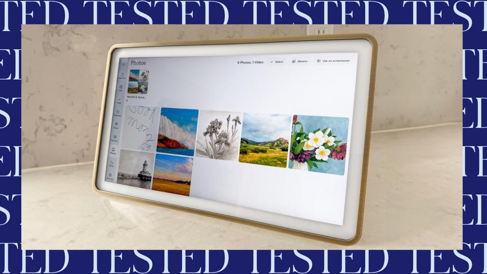 A Skylight Digital Calendar on a white counter with the words Tested in a blue border