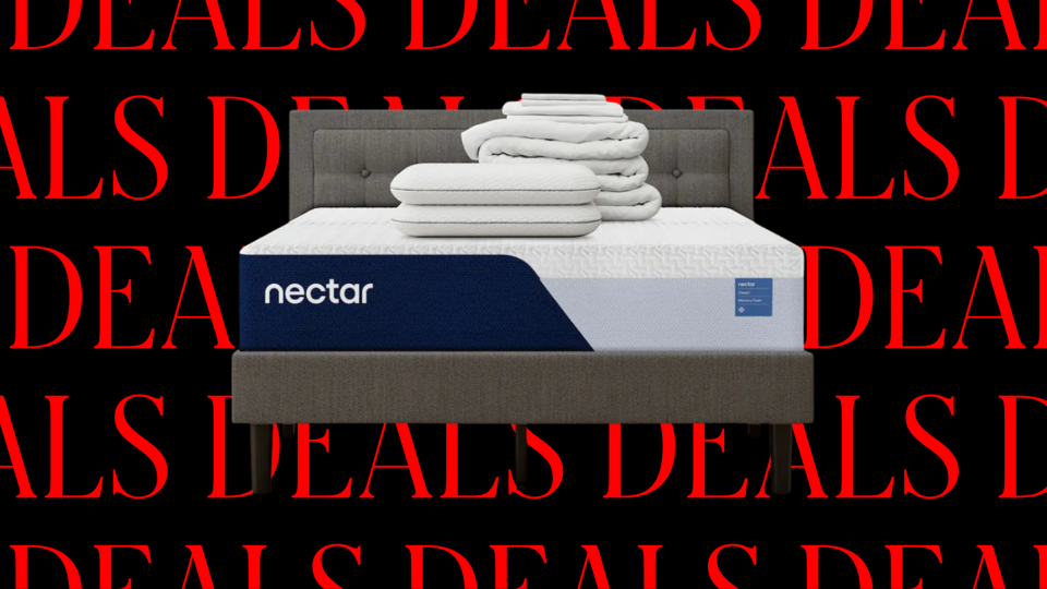 A Nectar mattress with bedding on top against a black and red deals background.