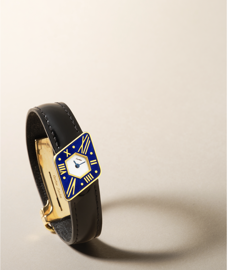 Cartier Asymétrique, London, gold and enamel rear-wound watch. Estimate: $50,000-80,000
