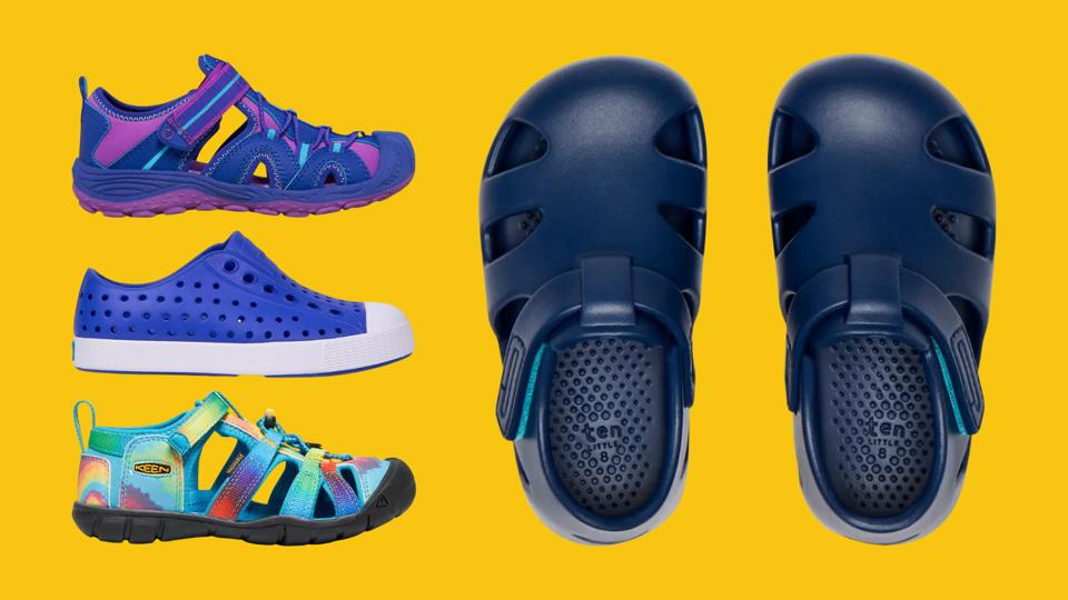 Three of the best water shoes for kids on a yellow background