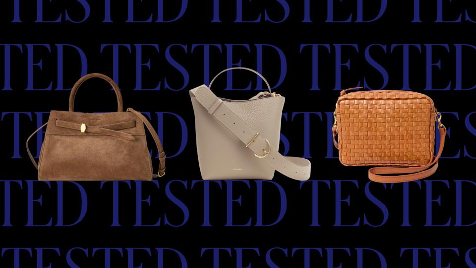 Three crossbody bags on a blue and black background