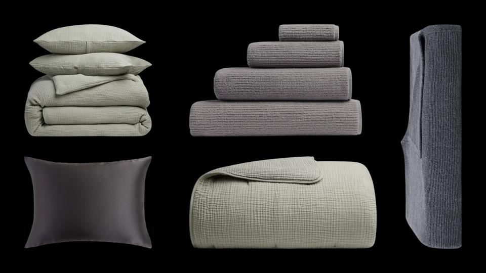 Collage of pillows, throws, quilts, bed sets and towel sets from Parachute.