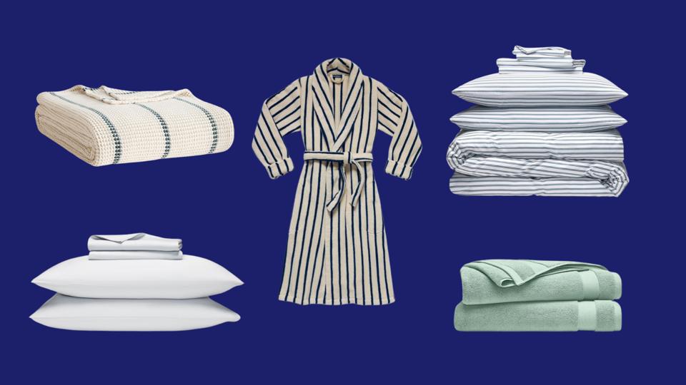 Collage of five Brooklinen products including blanket, sheet sets, towels and bathrobe
