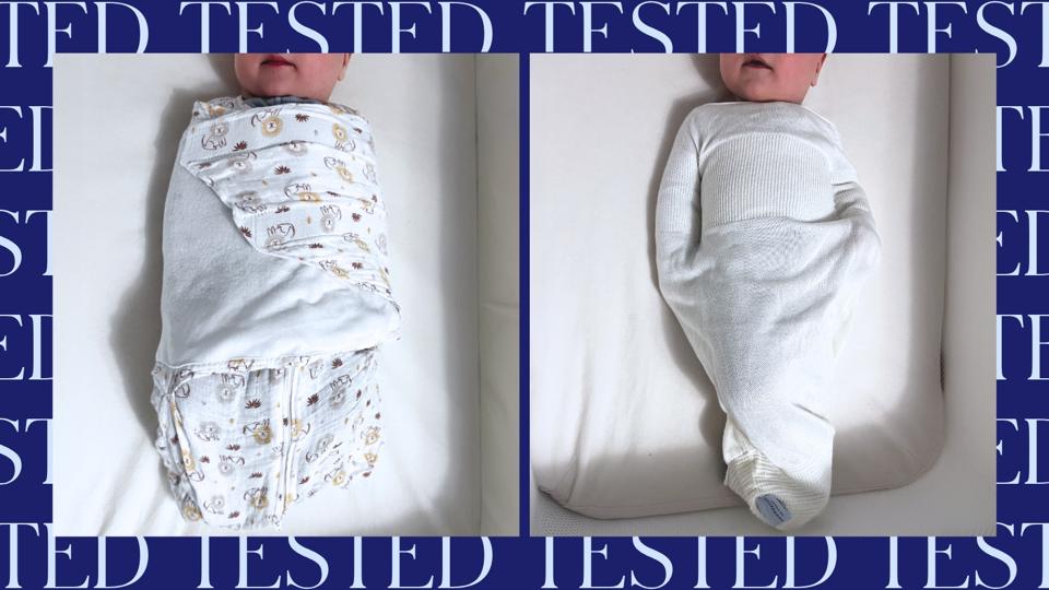 Two photos of babies in swaddles, surrounded by a frame that says "tested"