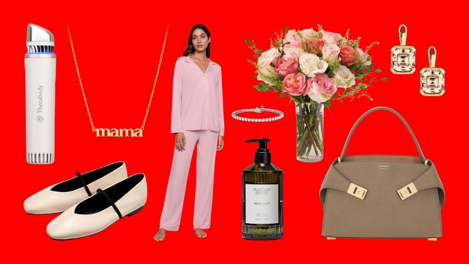 A selection of Mother's Day Gifts on a red background.