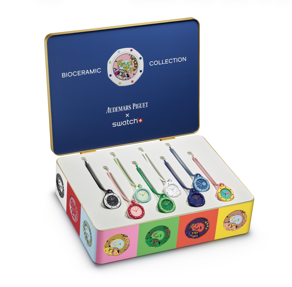 The colorful case containing the eight Audemars Piguet X Swatch “Royal Pop” watches