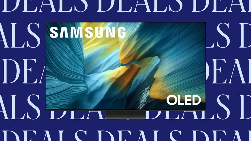 An image of the Samsung S95F OLED on a blue background with the word "deals" written across.