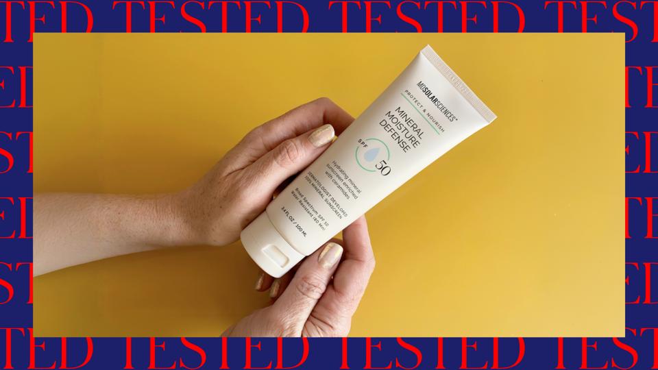 A tester holding the MDSolarSciences Mineral Moisture Defense SPF 50.