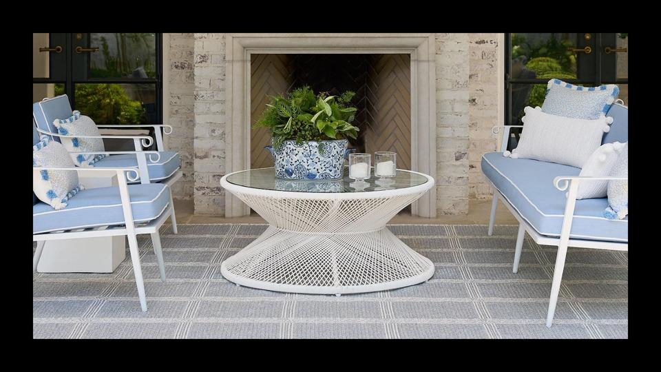 A lifestyle image of the Serena & Lily Clearwater Sofa & Lounge Chairs with Blithedale Coffee Table Lounge Set with a black border.