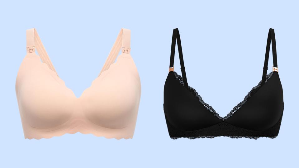 Two of the best nursing bras on a light blue background