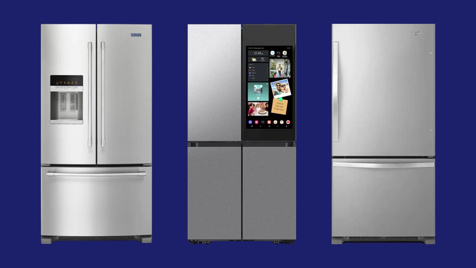 Three stainless steel refrigerators from Maytag, Samsung and Whirlpool on a blue background.