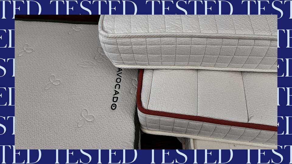 several crib mattresses in a pile, with a frame that says "tested"