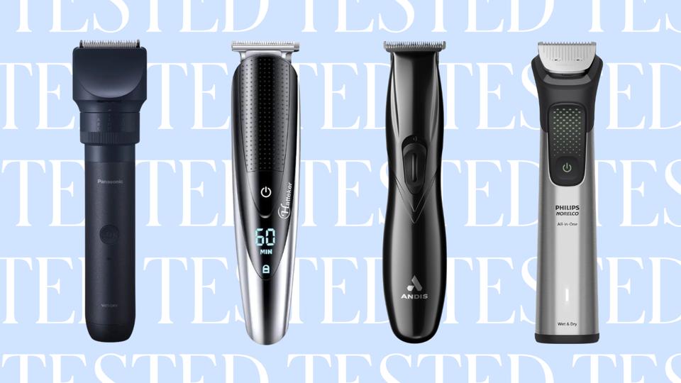 Four beard trimmers on a light blue and white background