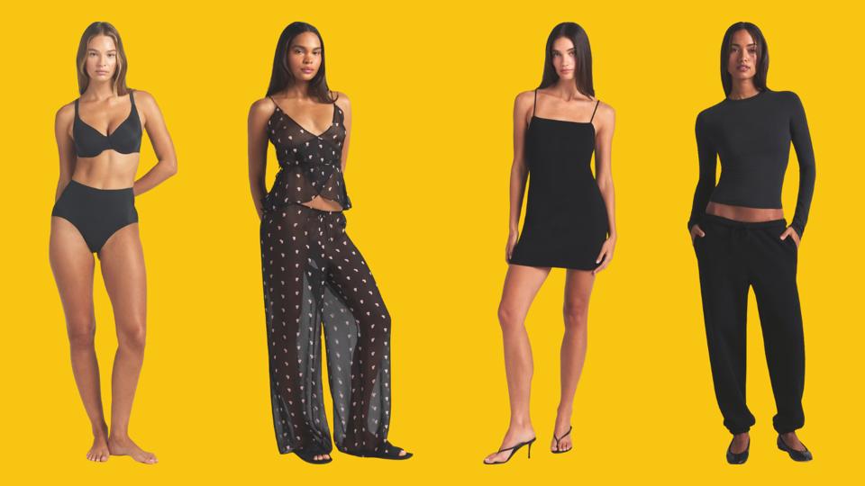 Four female models wearing Skims apparel and intimates.