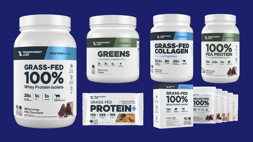 Collage of Transparent Labs protein, greens and collagen powders.