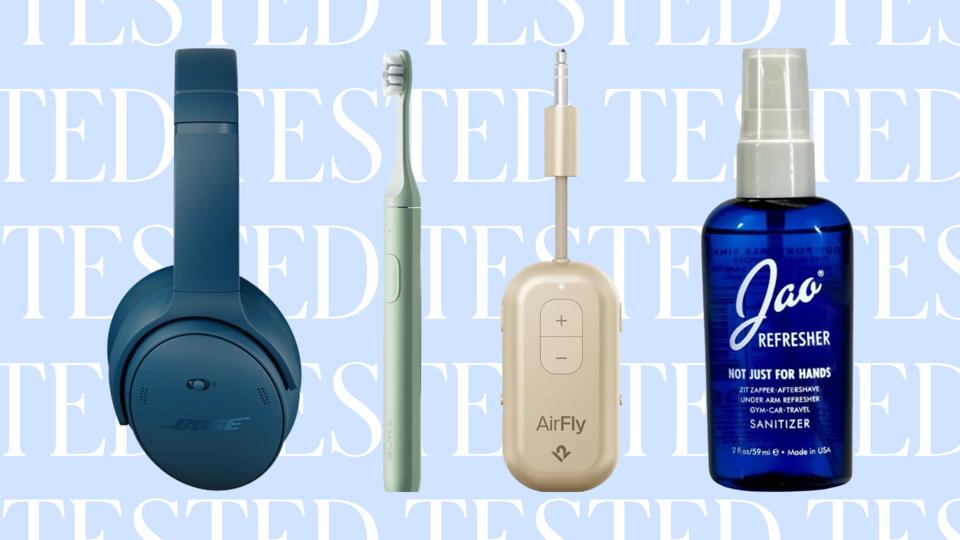 Four products on a light blue background with the tested logo