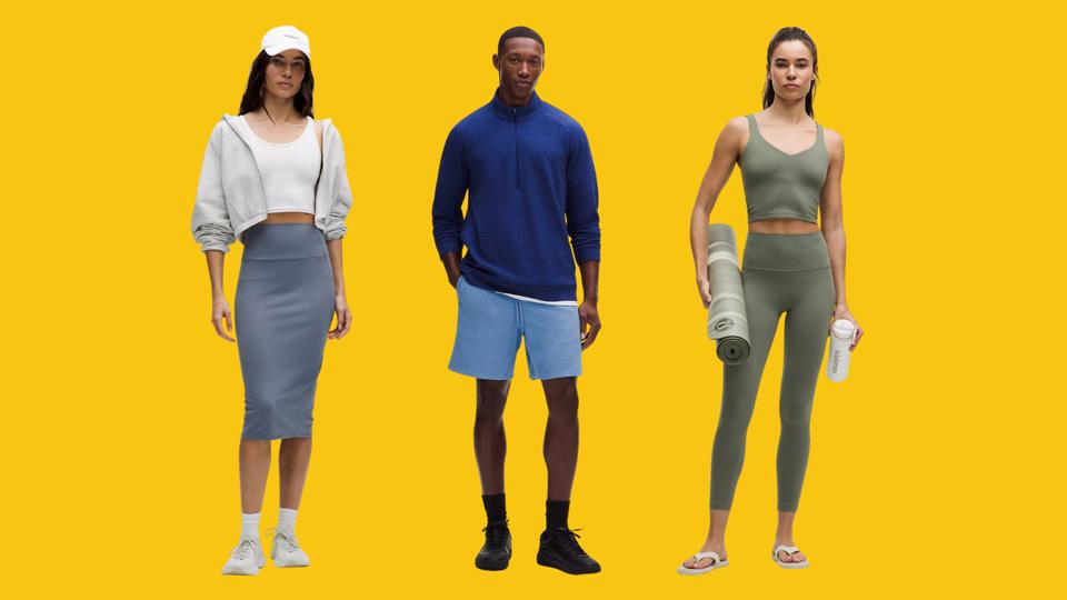 Collage of three models in Lululemon apparel on a yellow background.