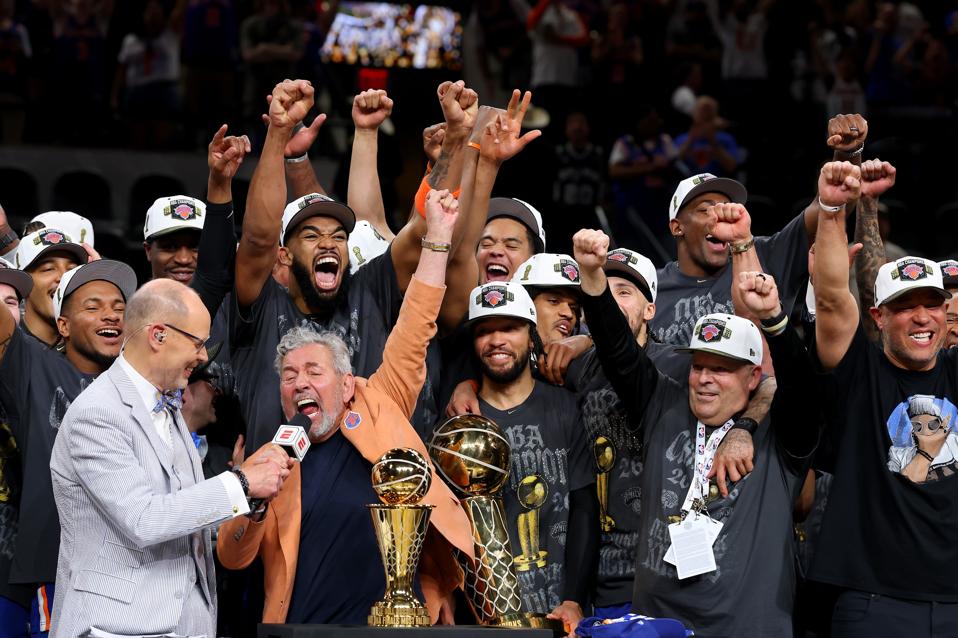 Owner James Dolan on stage with the Knicks after Game 5 of the 2026 NBA finals.