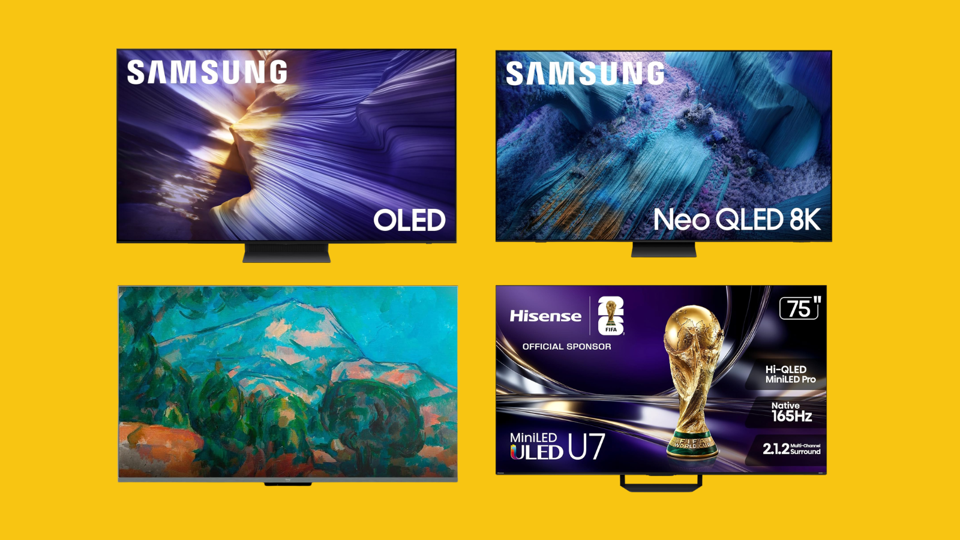 four tvs on sale during amazon prime day on a yellow background