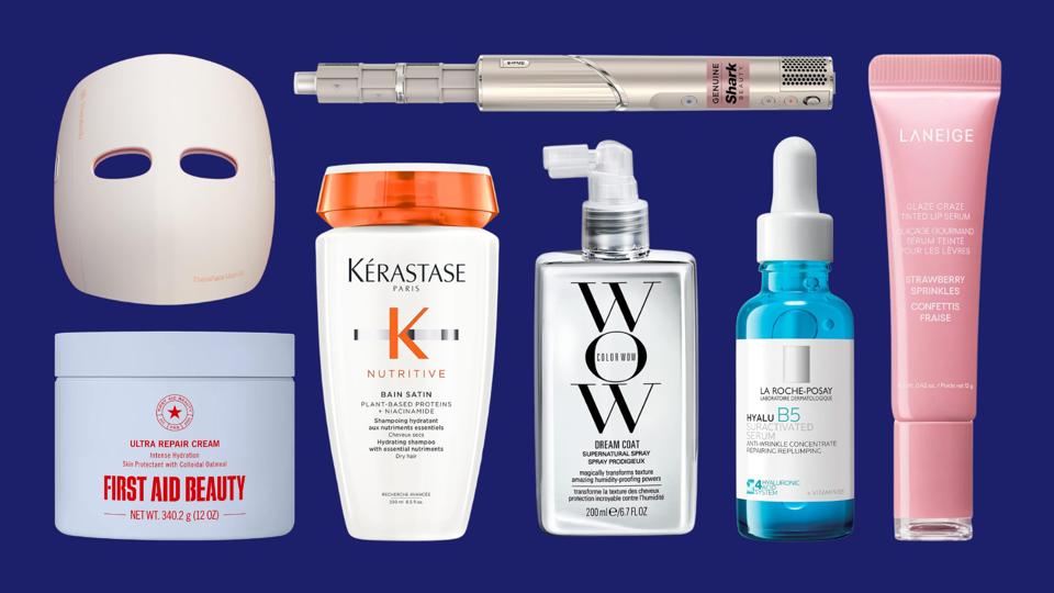 A variety of beauty products sold on Amazon against a blue background.
