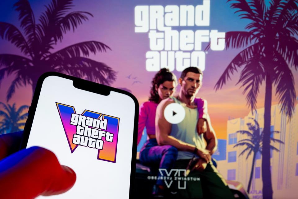 In this photo illustration, a Grand Theft Auto VI logo seen