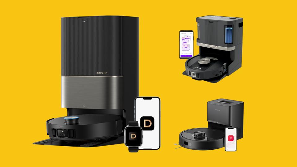 Prime Day robot vacuum models on a yellow background.
