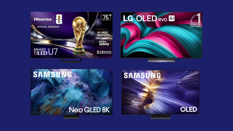 Four TVs against a blue background.