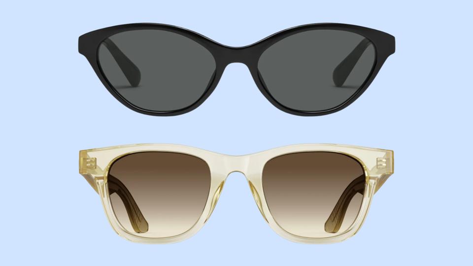 Two pairs of sunglasses against a light blue background