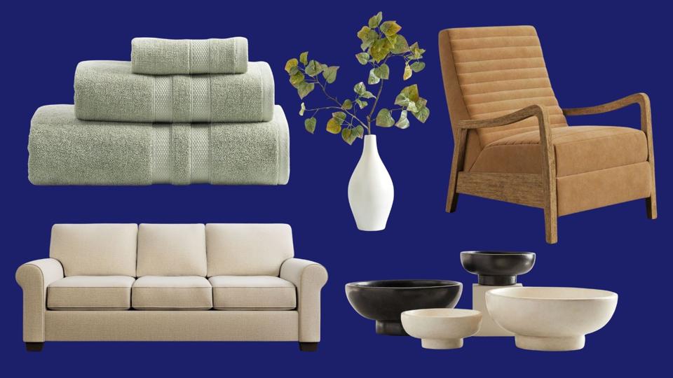 A collage of furniture, decor and bath items on a dark blue background.