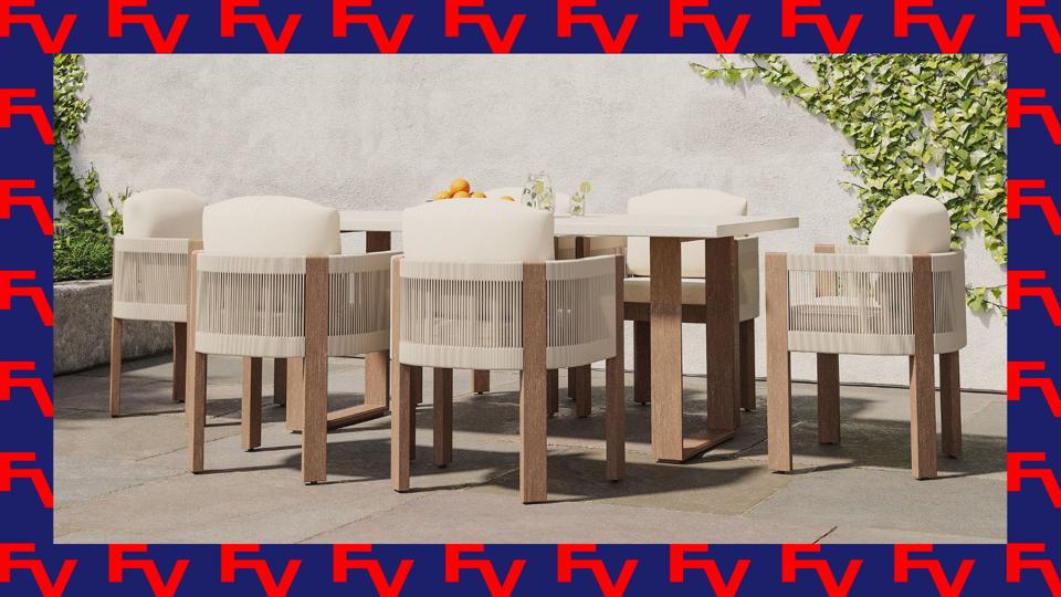 A West Elm patio set with a navy and red Forbes Vetted border.