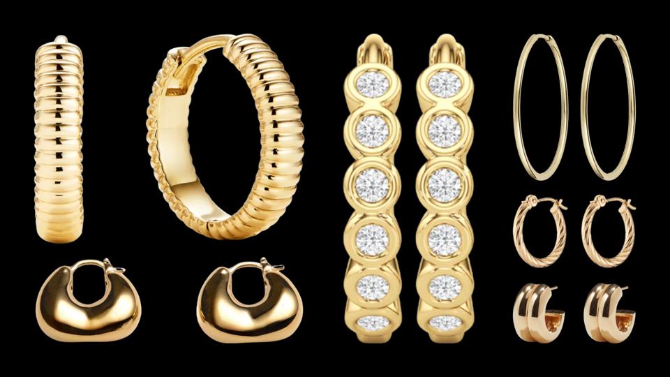 Six different hoop earrings on a black background.