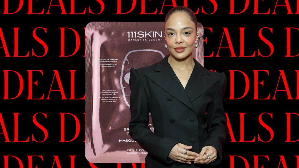 A black and red Deals background featuring Tessa Thompson and a 111Skin face mask.