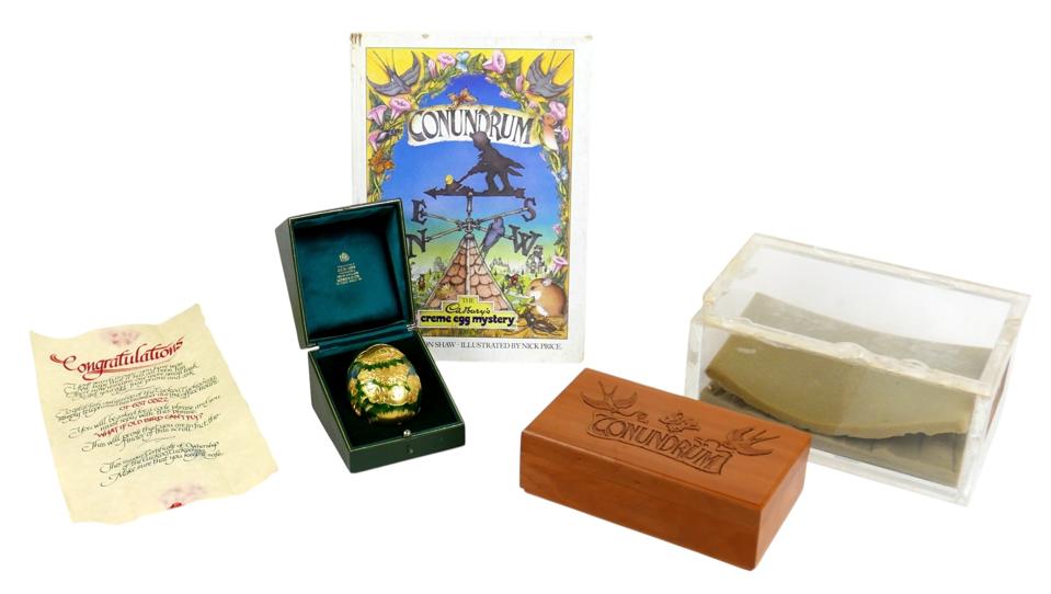 The full lot for the Cadbury's 22k gold “Conundrum” egg created by Garrard & Co.