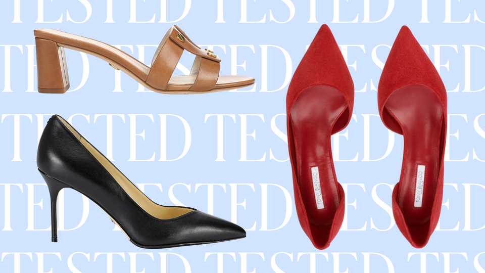 Three heels on a light blue background with the tested logo.