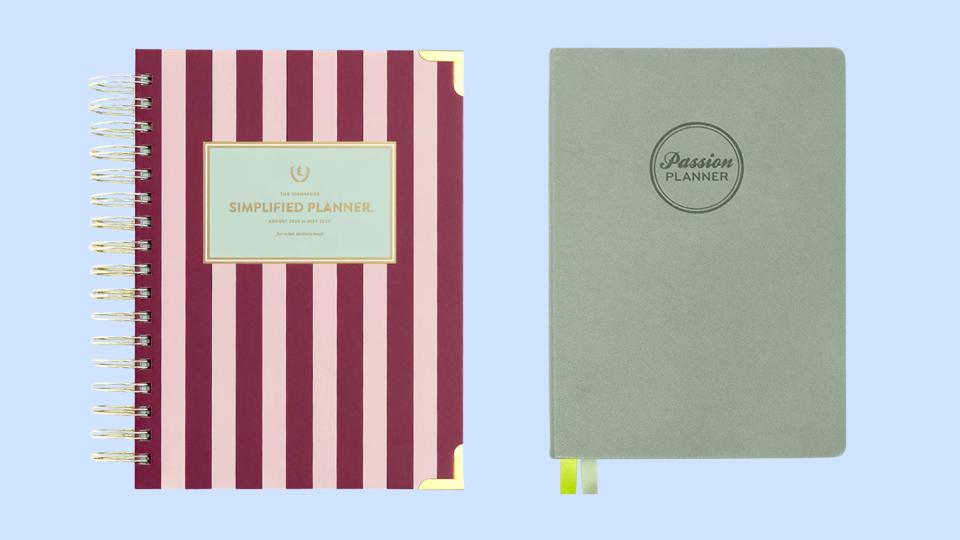 Two planners laid out on a light blue background