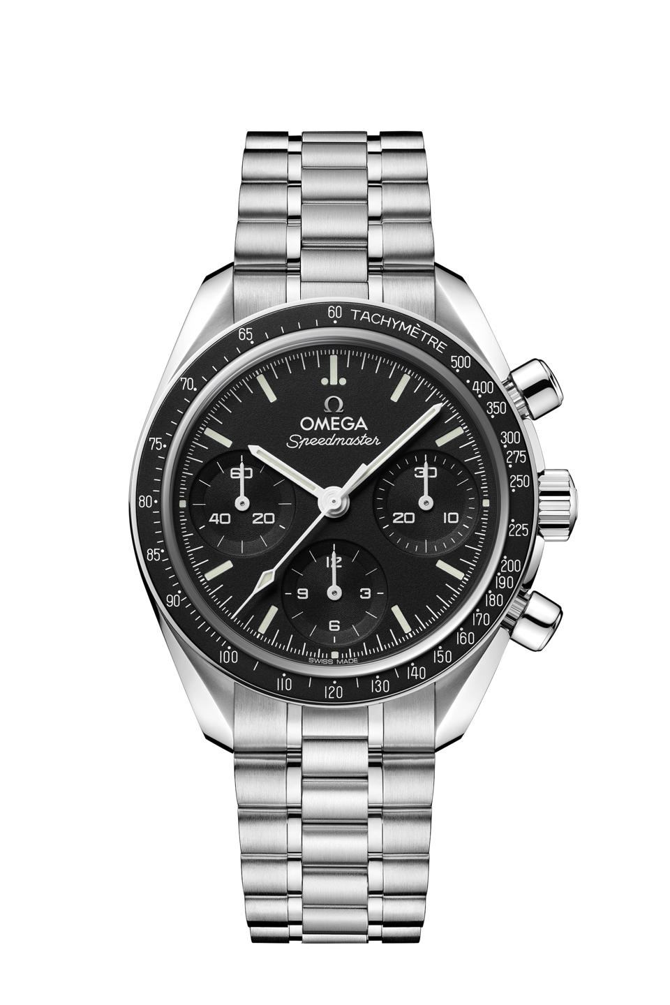 The Omega Speedmaster 38mm black-dial watch resembles the signature look of the Moonwatch
