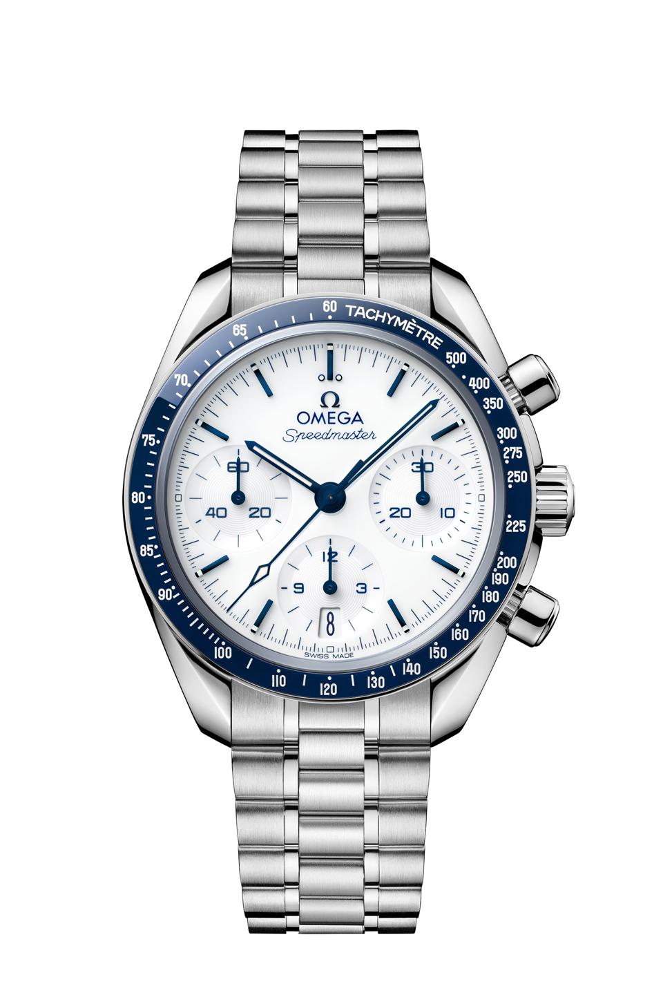 The Omega Speedmaster 38mm white-dial model with blue ceramic bezel and tachymeter scale
