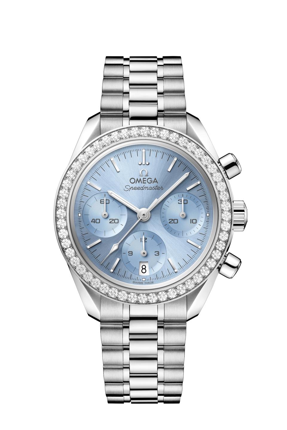 Omega Speedmaster 38mm with a diamond covered bezel and an “ice blue” PVD-coated dial