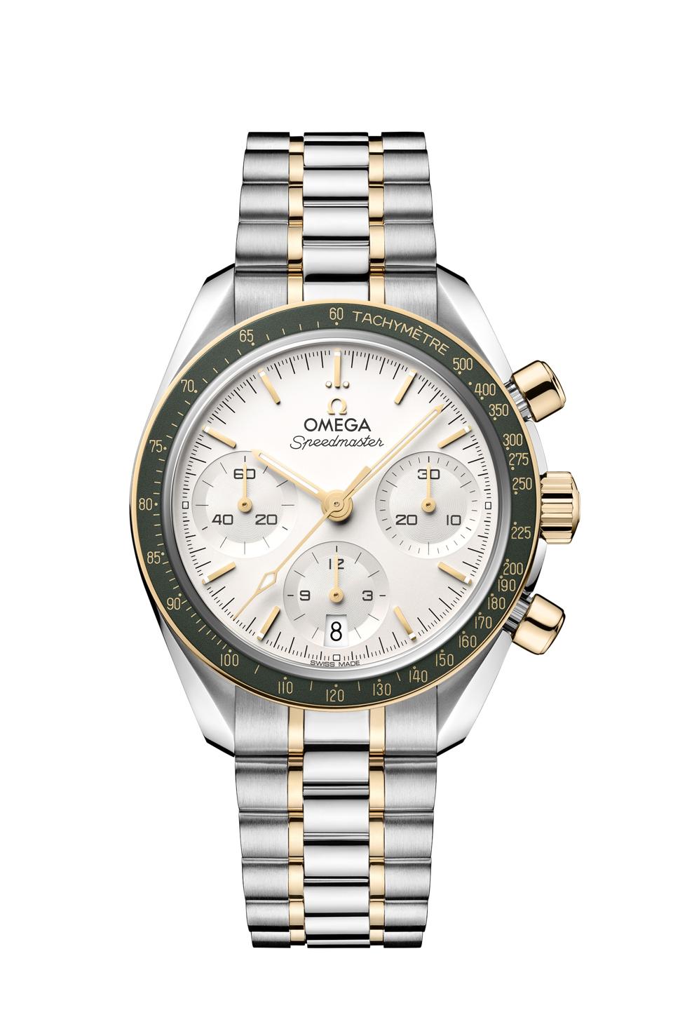 Omega Speedmaster 38mm in steel and 18k Moonshine Gold with a green aluminum bezel ring