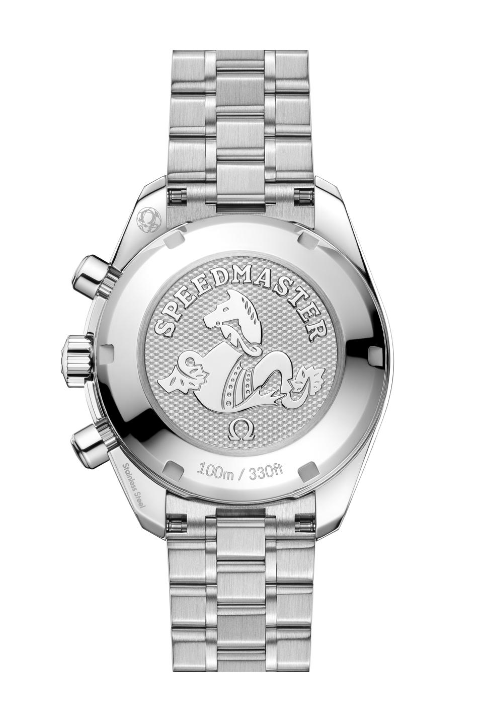 The Omega Speedmaster 38mm screw-down caseback stamped with the Seahorse medallion
