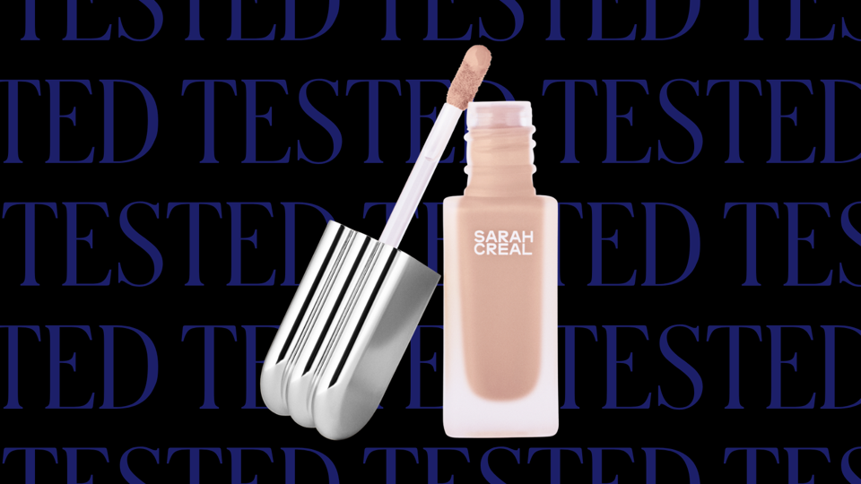 Sarah Creal Face Flex color corrector on black and blue background