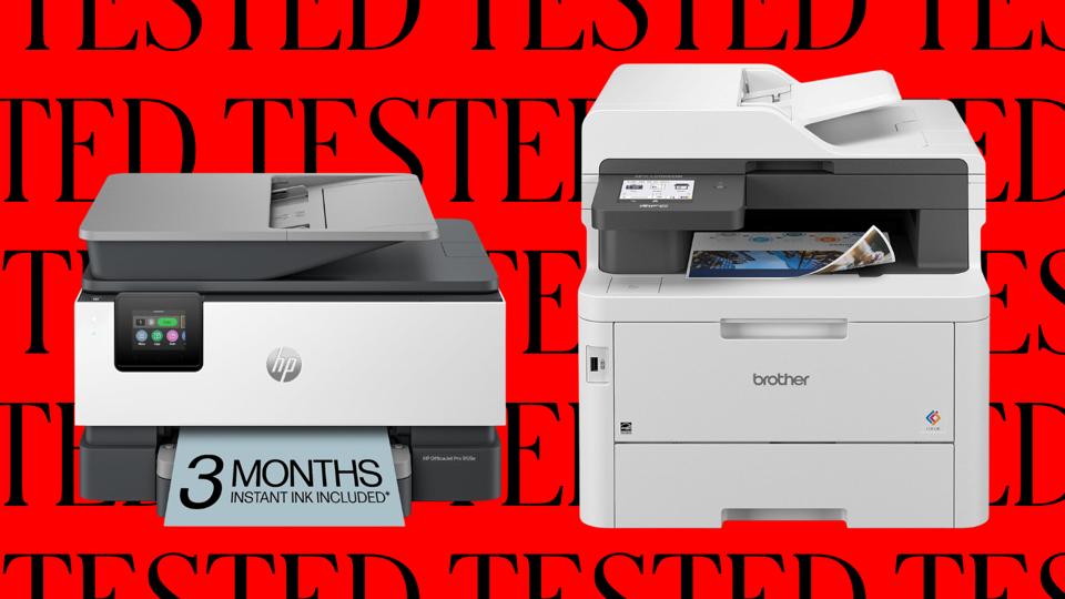 Two home printers against a black and red background that says "tested."