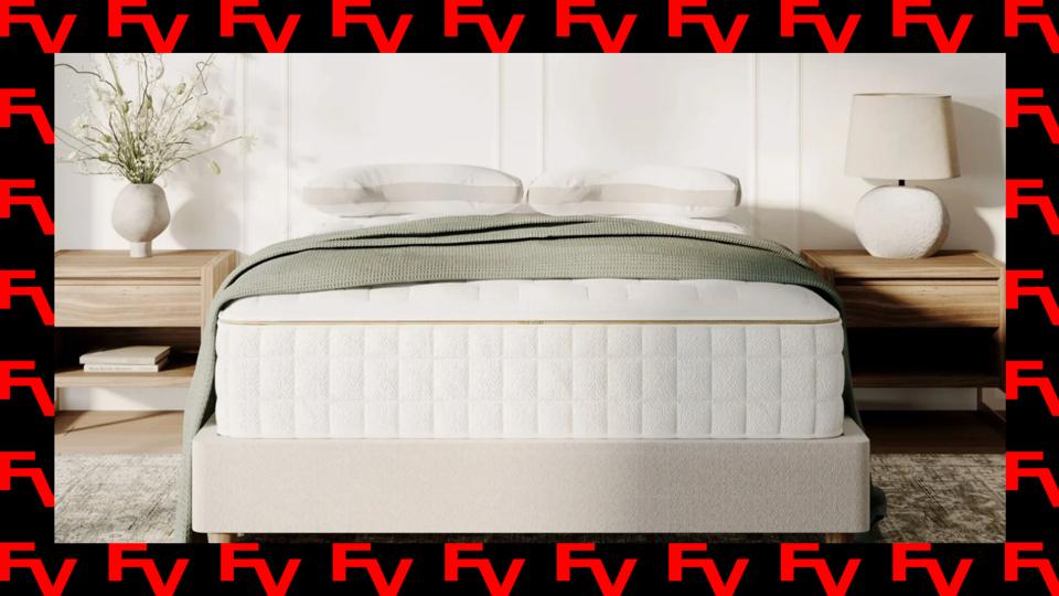 A lifestyle image of Naturepedic mattress on a black and red background.