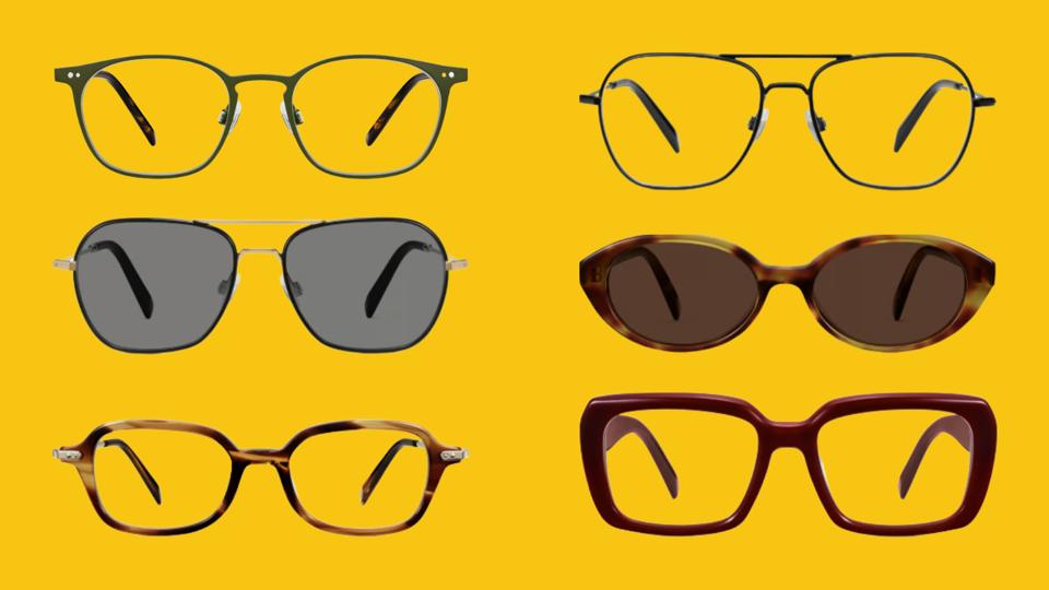 Six pairs of Warby Parker eyeglasses and sunglasses on a yellow background.
