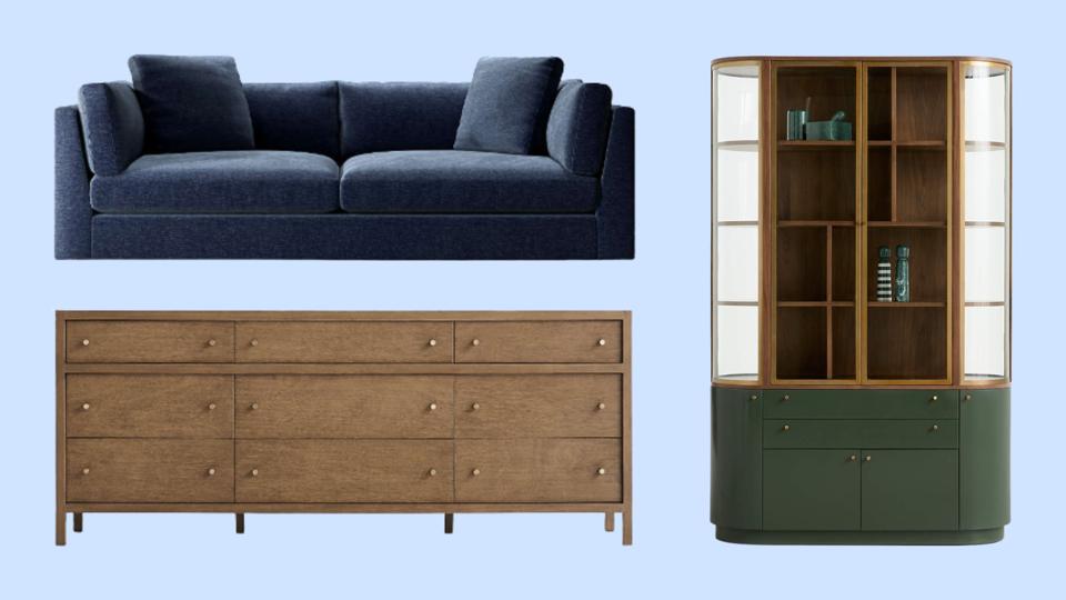 Crate & Barrel sofa, dresser and dining hutch on a lavender background.