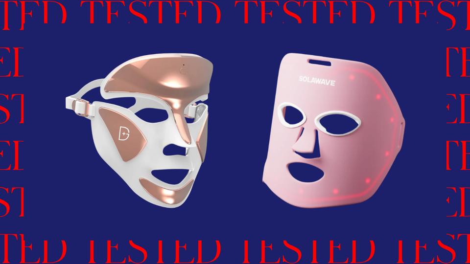 Two LED face masks on a dark blue and red background