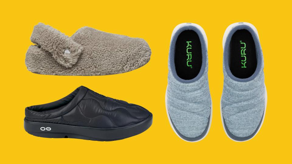 Three pairs of slippers against a yellow background.