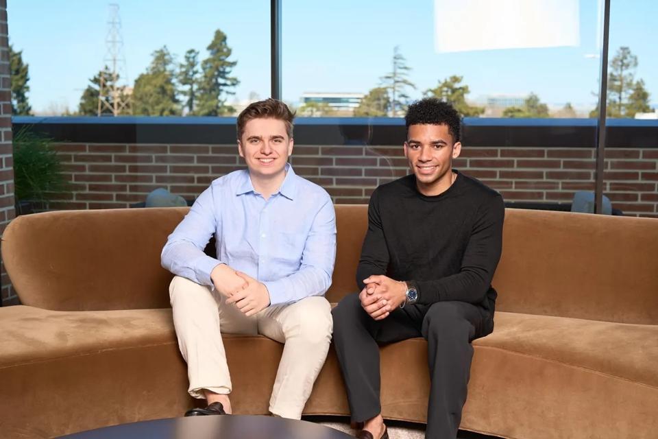 AfterQuery founders Carlos Georgescu, 22, and Spencer Mateega, 23, pose for a photo in San Francisco.